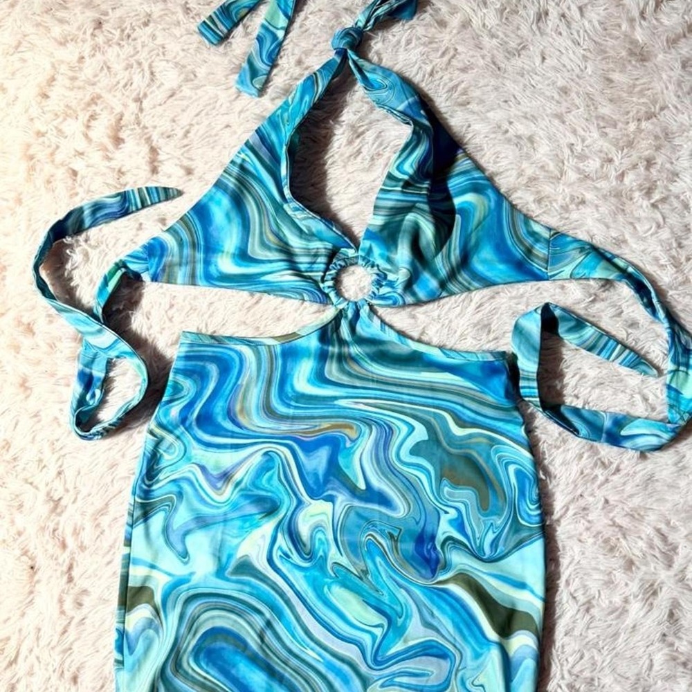 Blue Marbled Cutout Oring Rave Festival Concert Halter Bodycon Dress Womens M